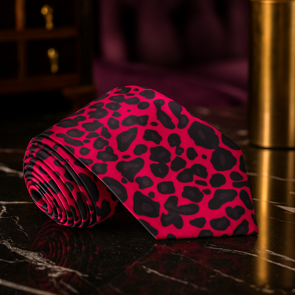 Pink and black leopard print fabric on a dark surface