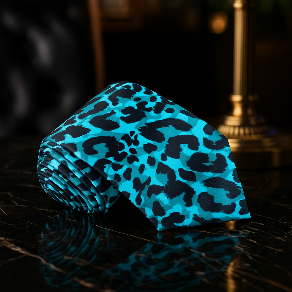 Turquoise fabric with black leopard print on a reflective surface