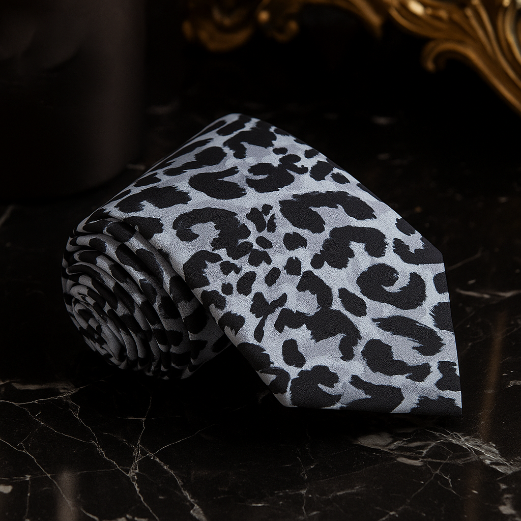 Leopard print tie on a dark surface with a gold decorative object in the background