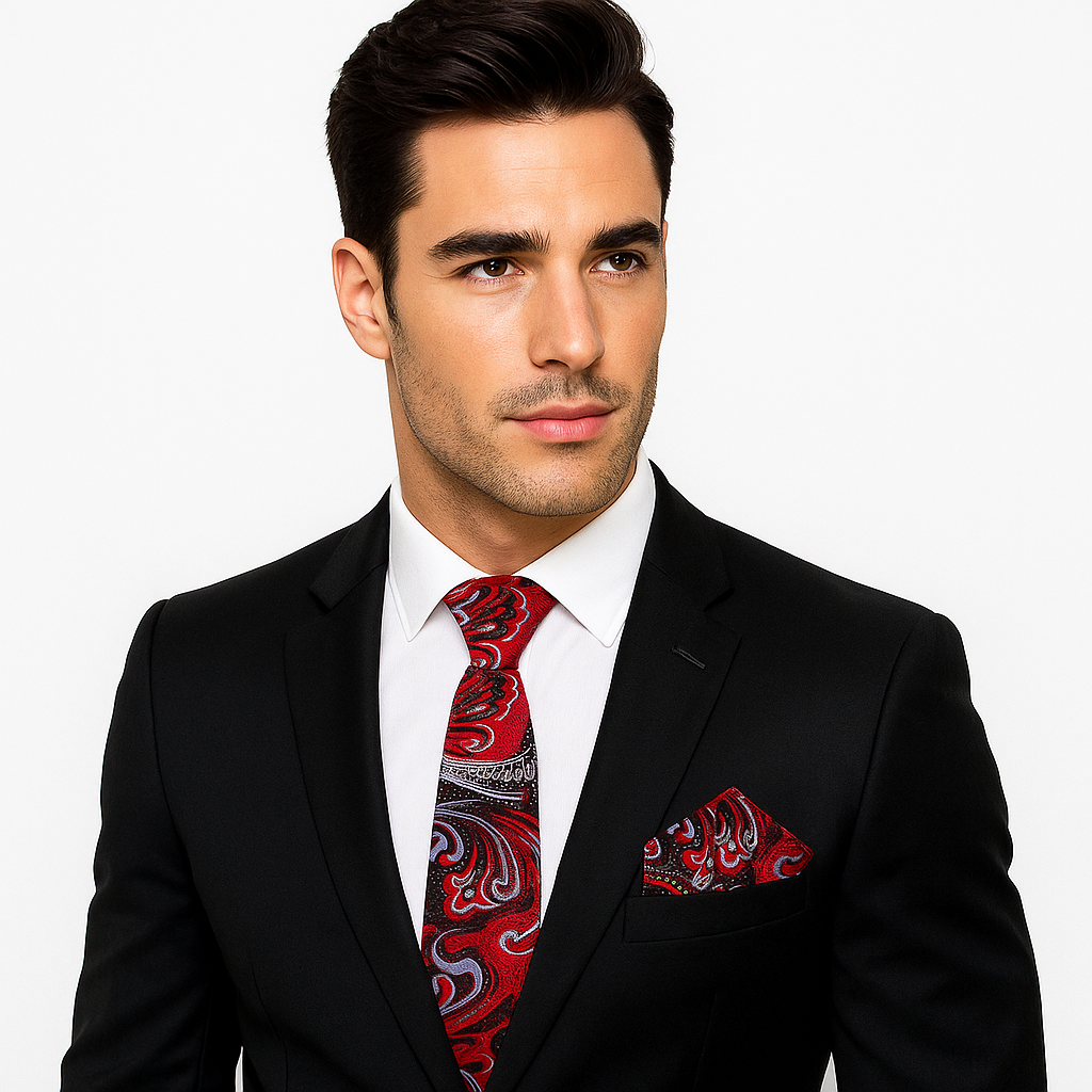 Man wearing a black suit with a red paisley tie and pocket square on a white background