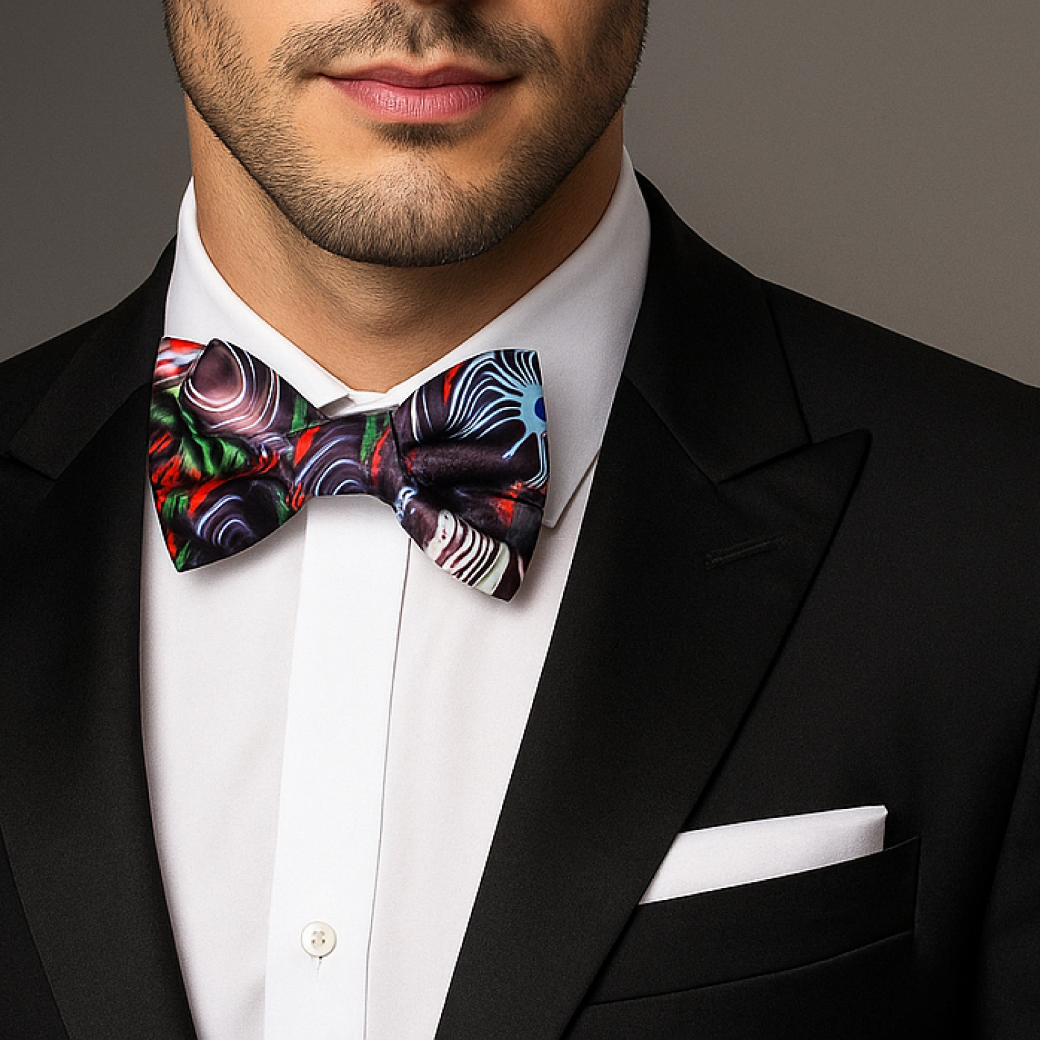 Man wearing a black suit with a colorful bow tie against a neutral background