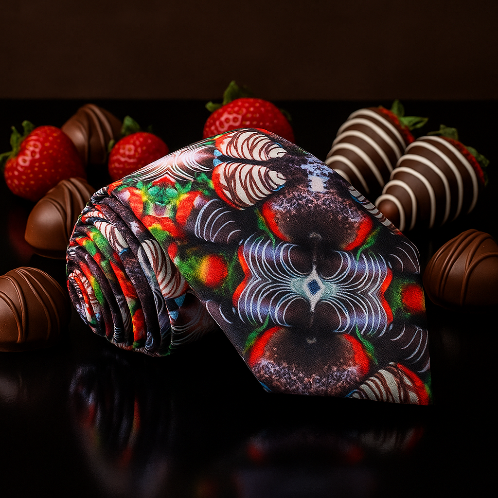 Colorful candy with intricate design surrounded by strawberries and chocolate on a dark background