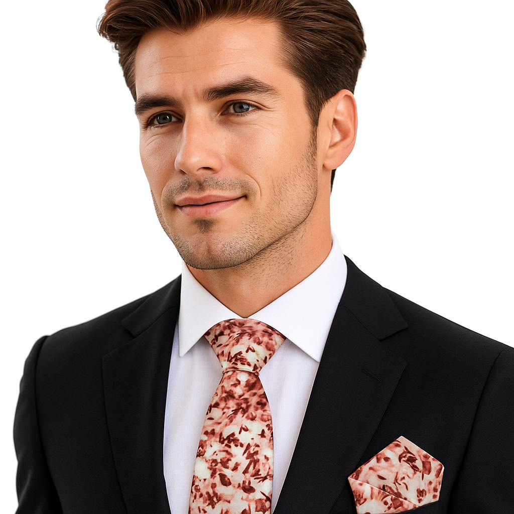 Man wearing a black suit with a patterned tie and pocket square on a white background