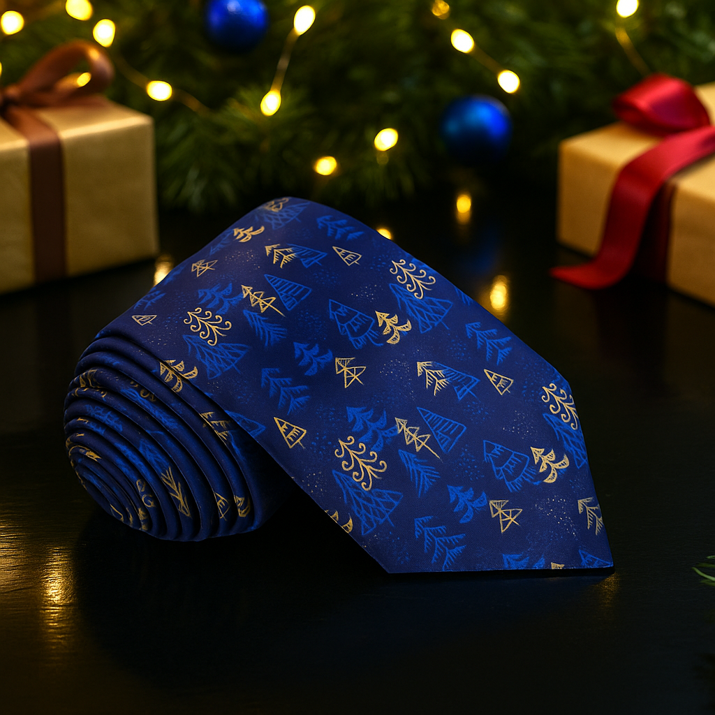 Blue, Gold Christmas Trees Tie  