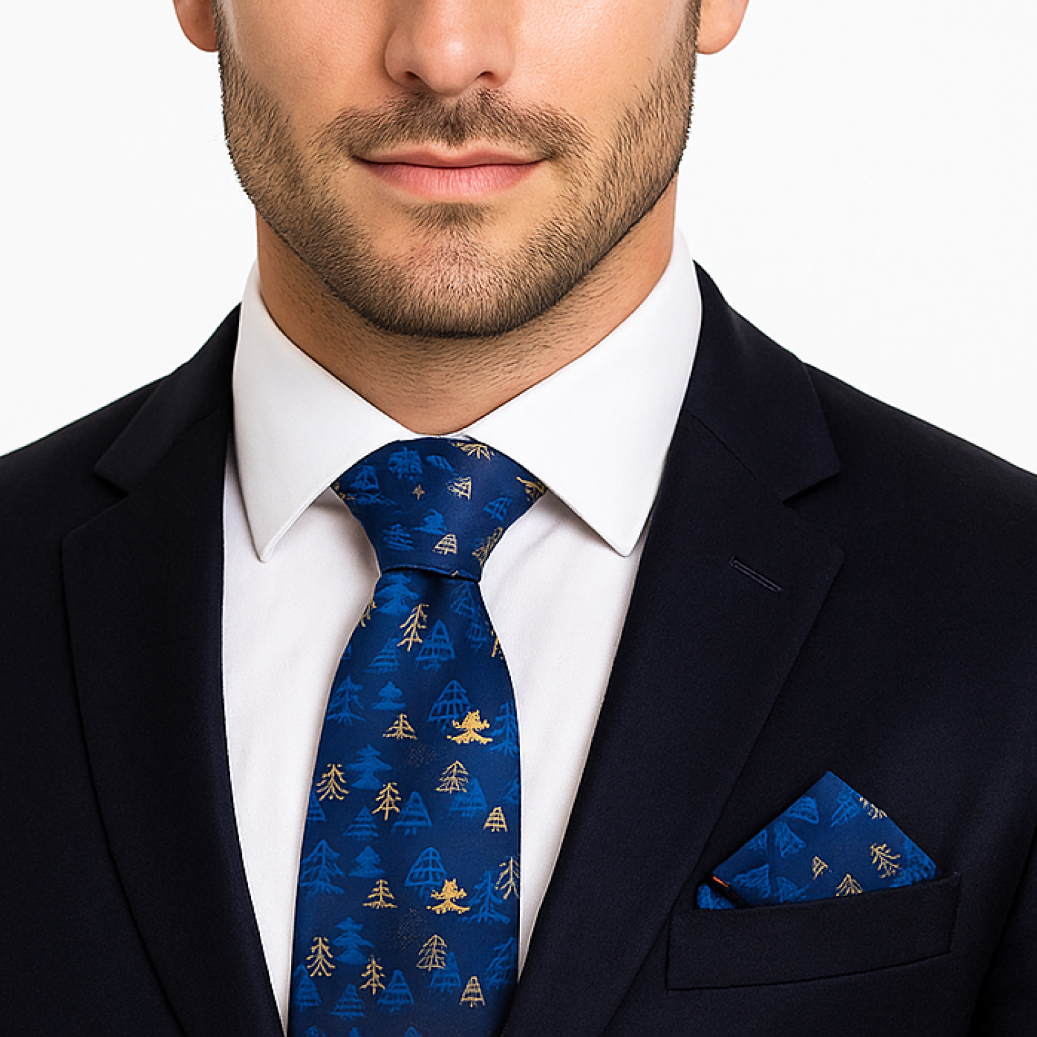 Blue Gold Christmas Trees Tie and Square