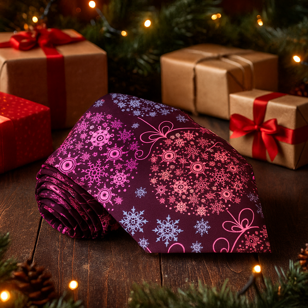 Folded purple tie with snowflake pattern in front of Christmas presents