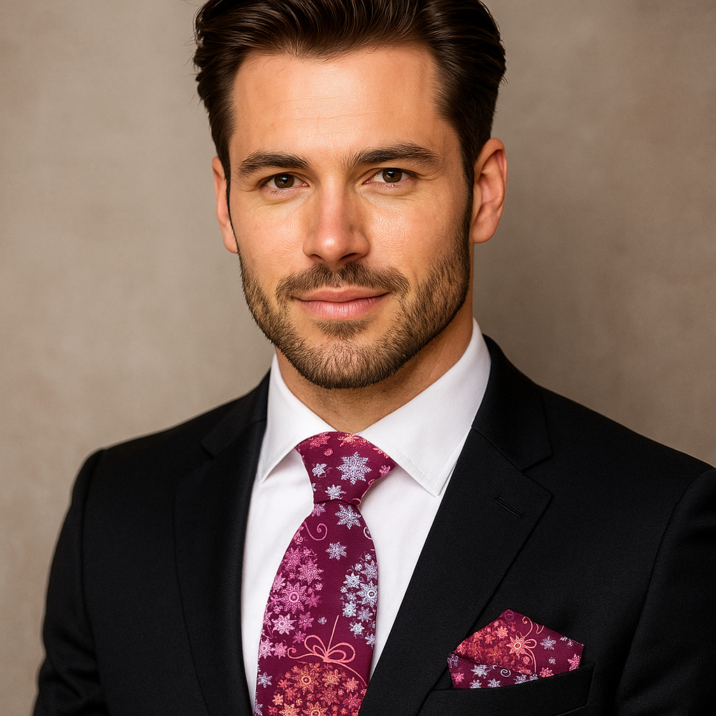 Man wearing a black suit with a Pink, Purple Snowflakes Necktie & Accenting Square against a beige background