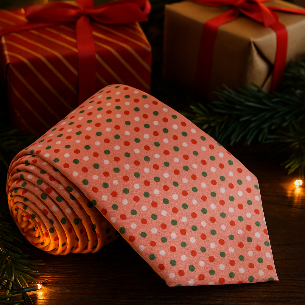 Peach, Red and Green Polka Tie on wood surface with Christmas presents