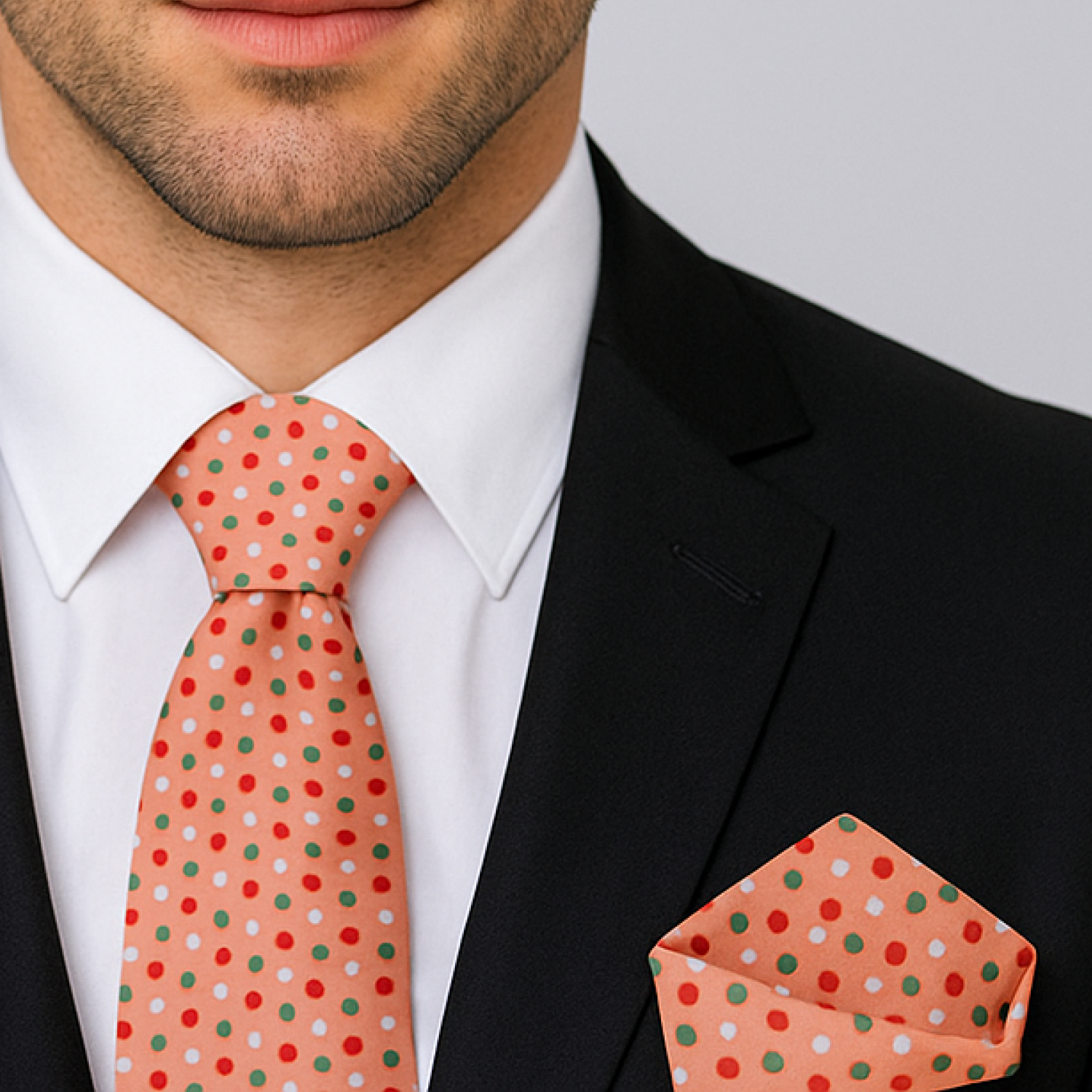 Man wearing a black suit with a red polka dot tie and pocket square.