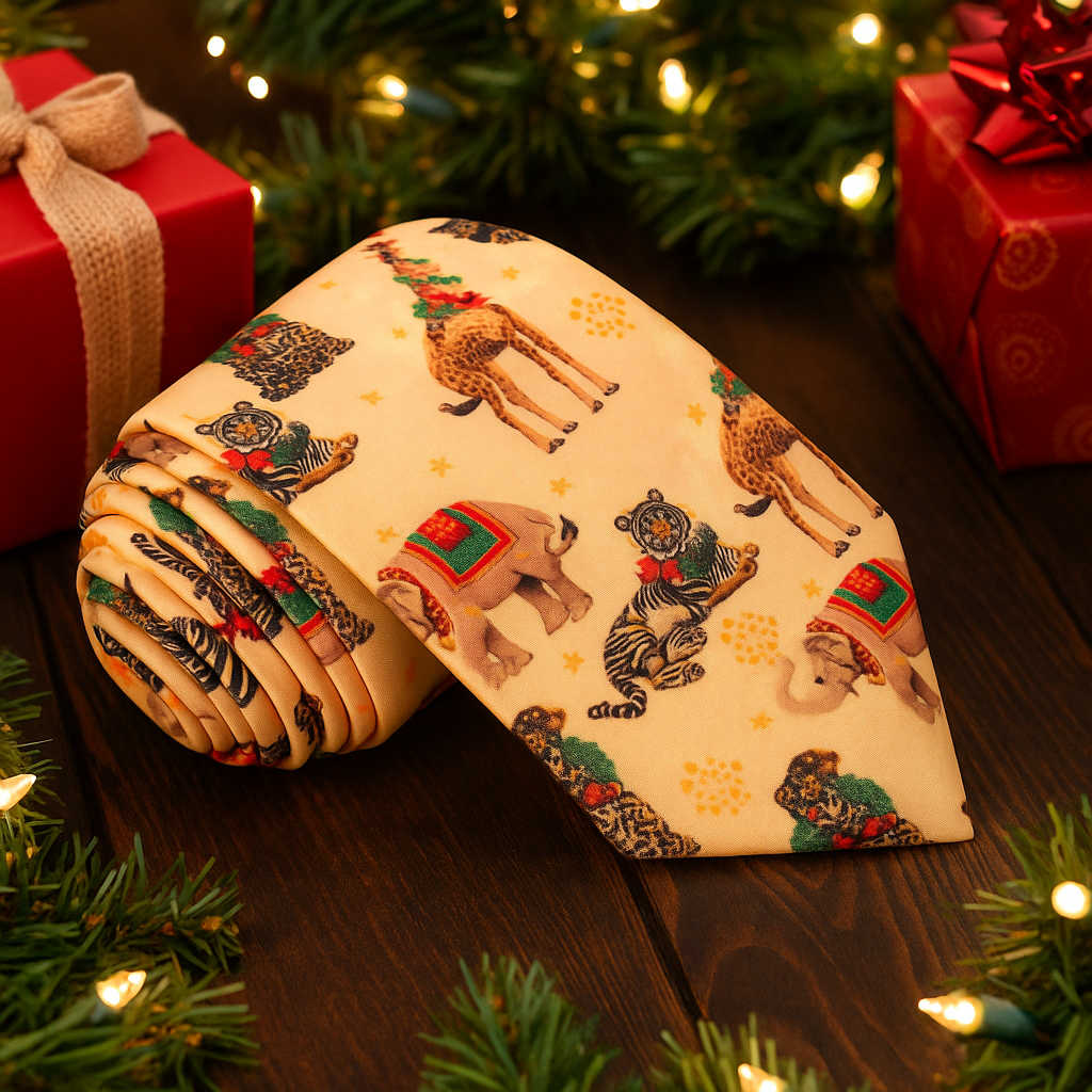 Yellow, Black, Red, Green Christmas Animals Tie 