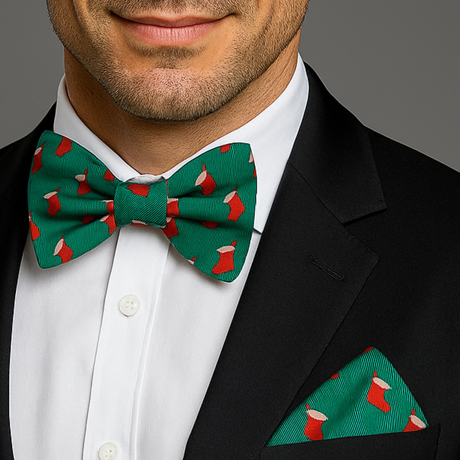 Green Red Stocking Bow Tie and Square on Man