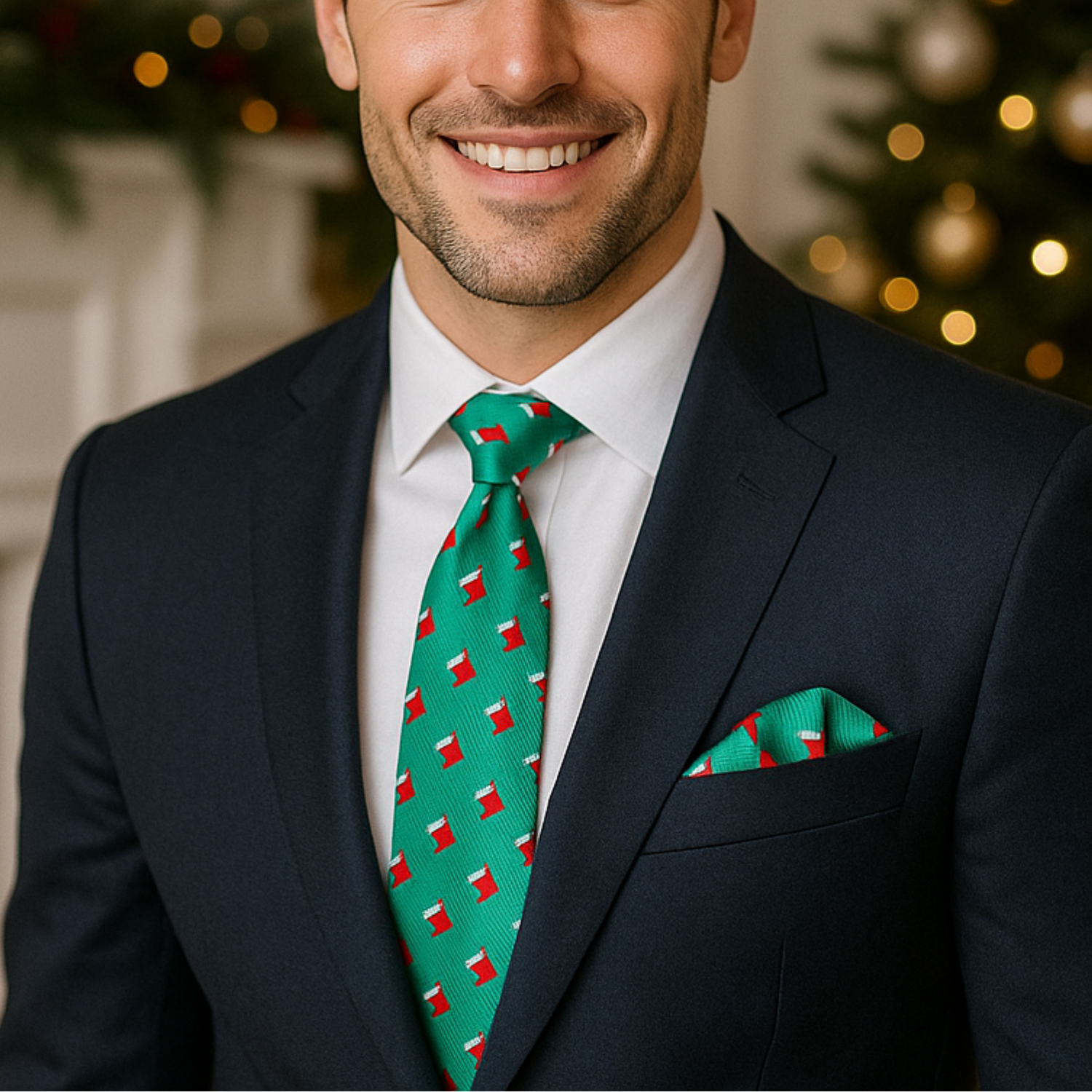 Man wearing Green Red Stocking Necktie and Square