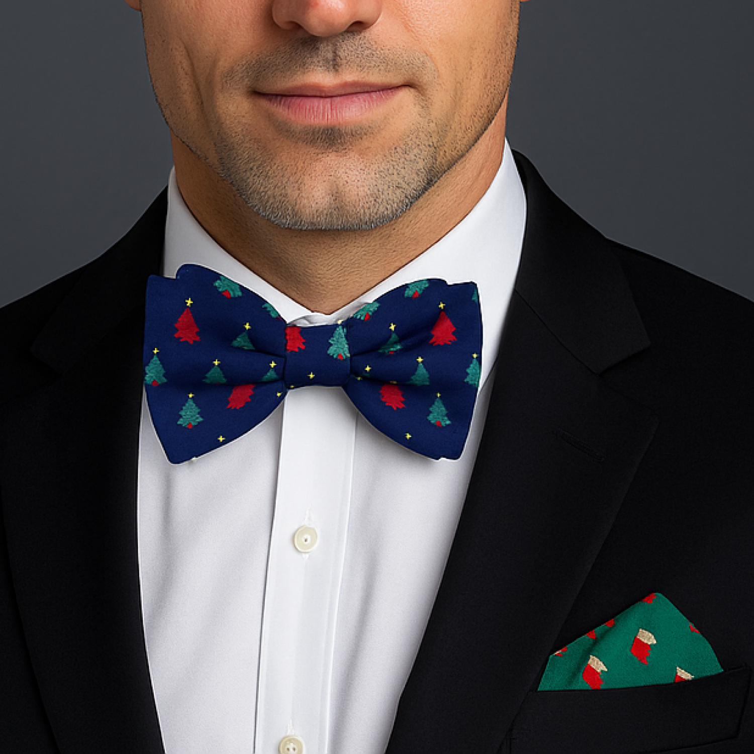 Blue Silk with Green and Red Christmas Trees Bow Tie and Green Square