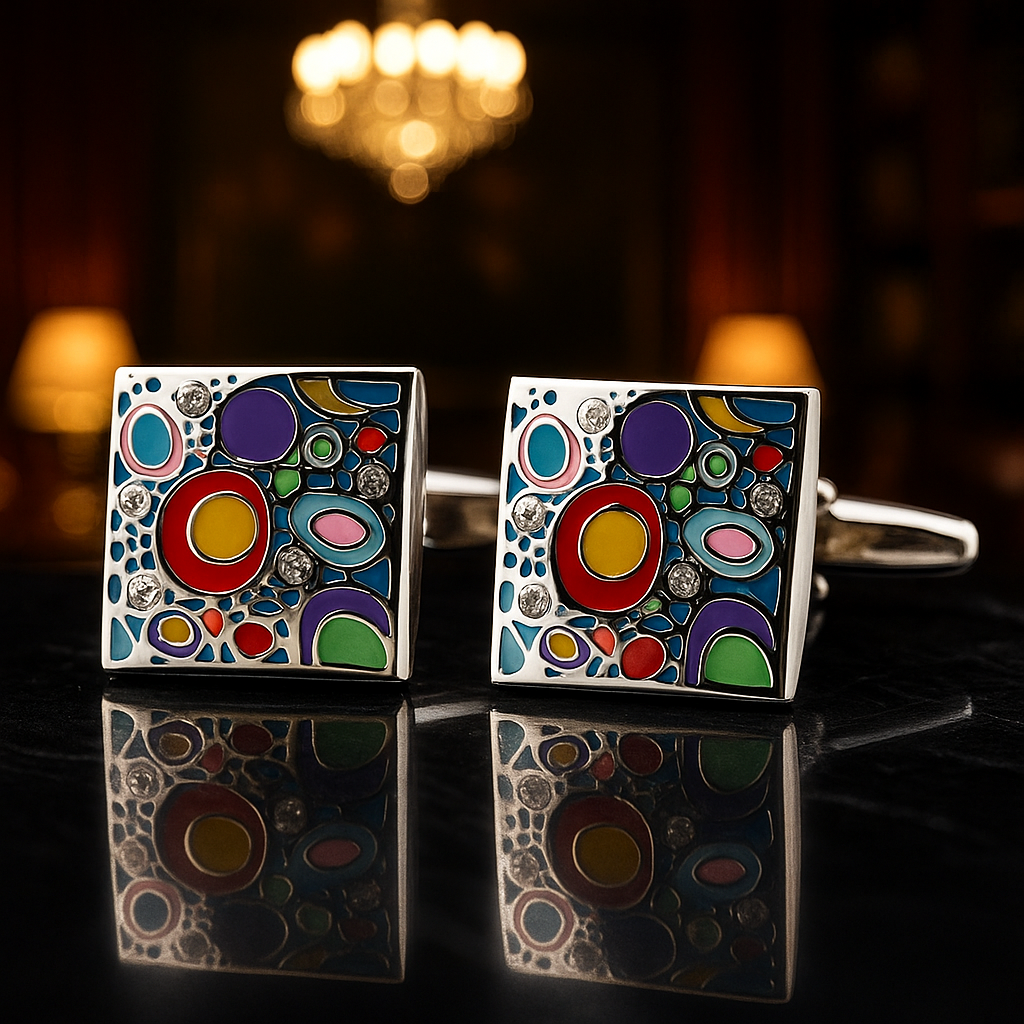 Chrome with Multiple Colorful Circles Cufflinks on dark surface