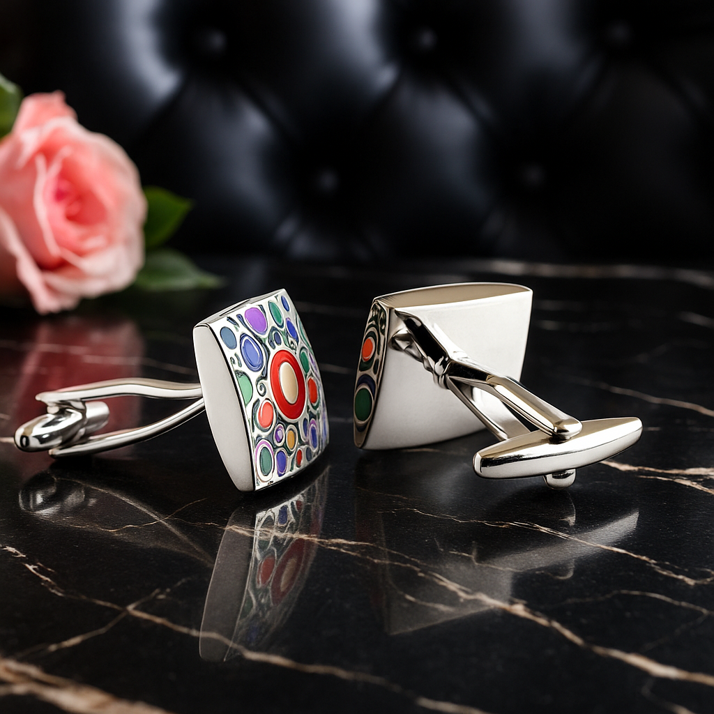 View 3: Chrome with Multiple Colorful Circles Cufflinks