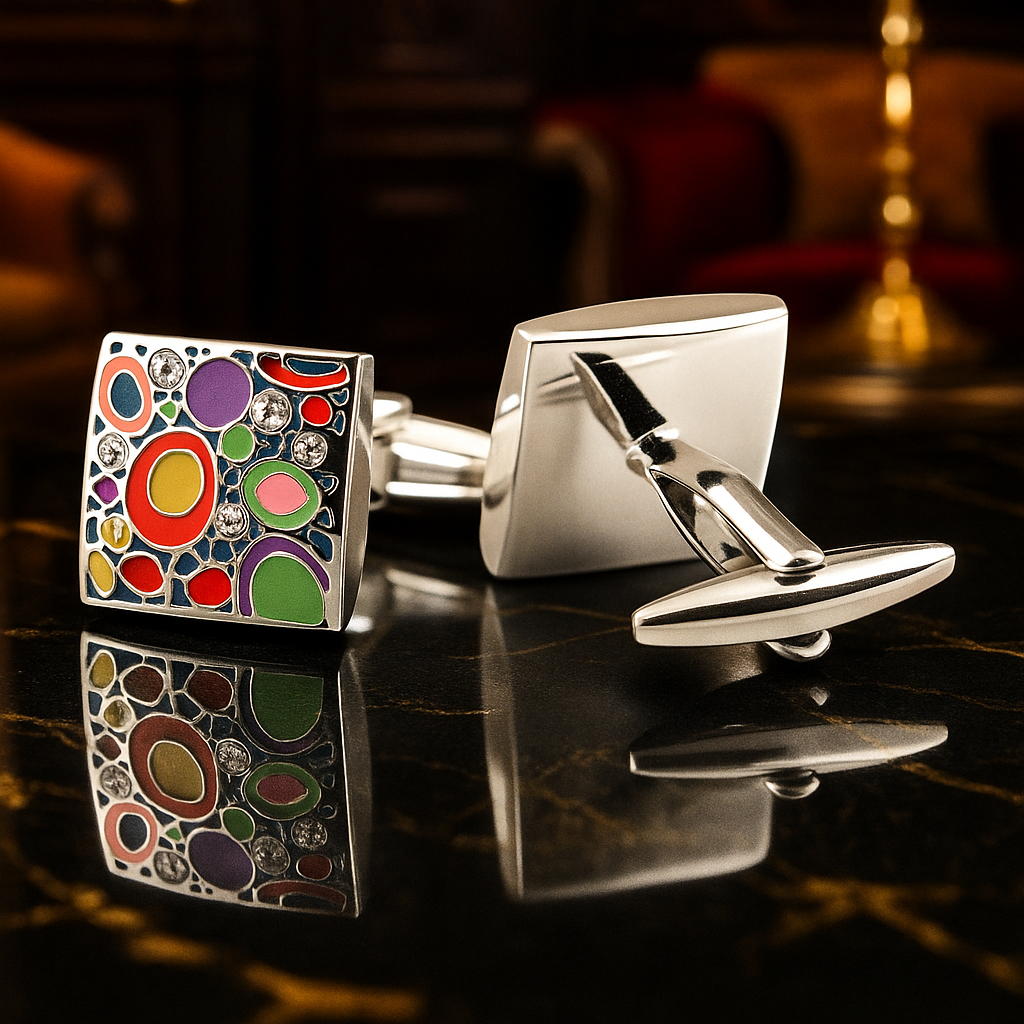 Cufflinks with colorful circular design on one side and plain silver on the other, on a reflective surface.