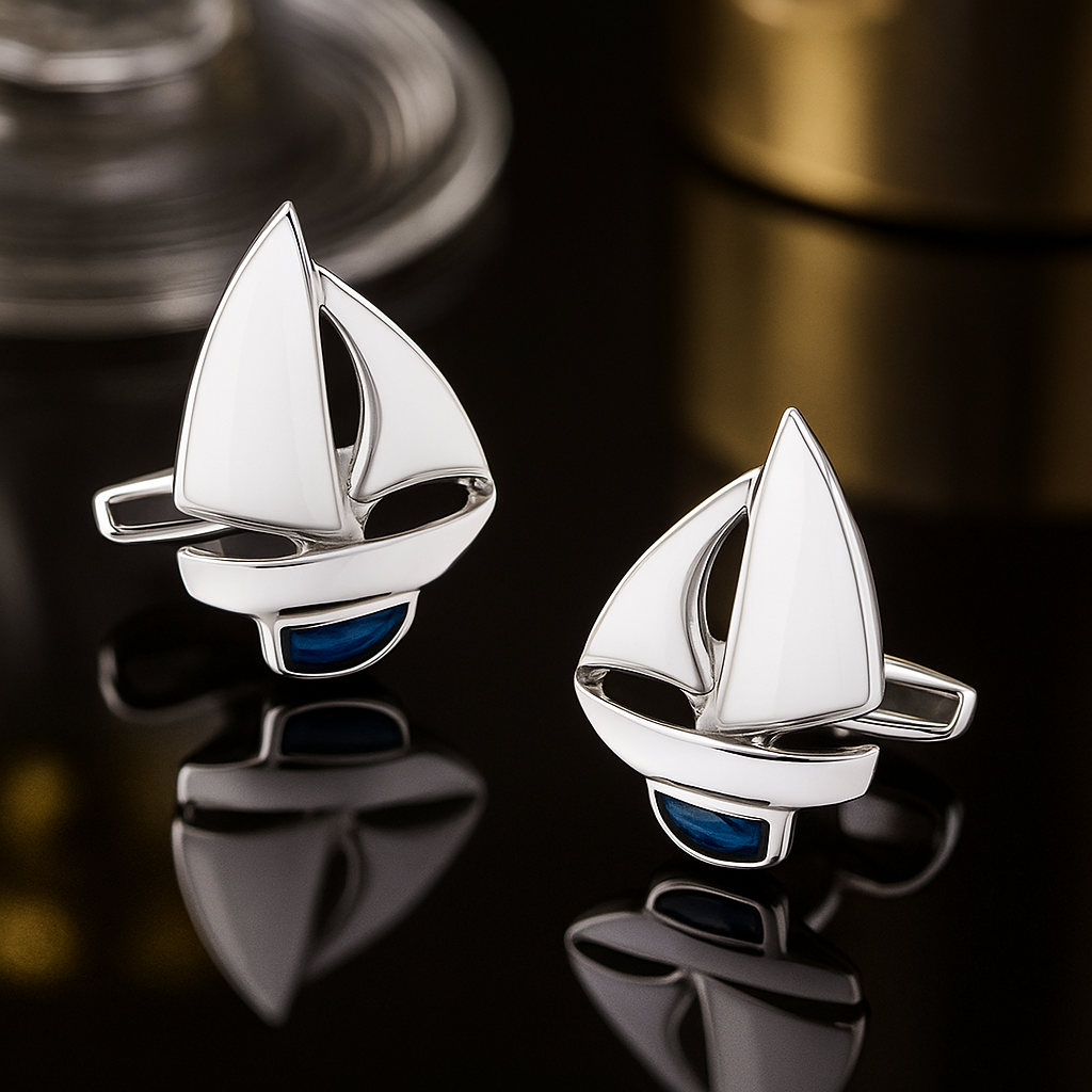Chrome and Blue Sailboats Cuff-links view5