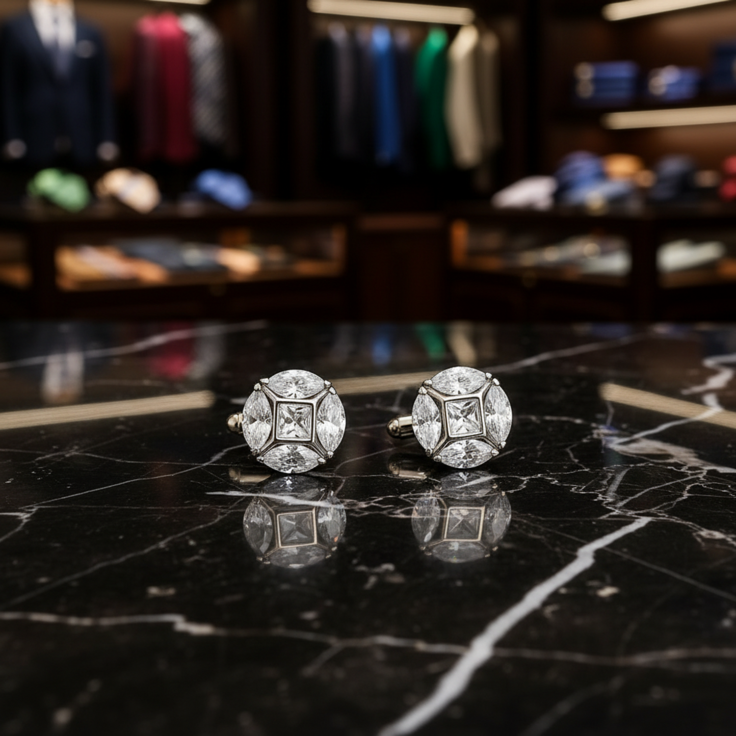 Chrome with Clear Stone Circle Cufflinks