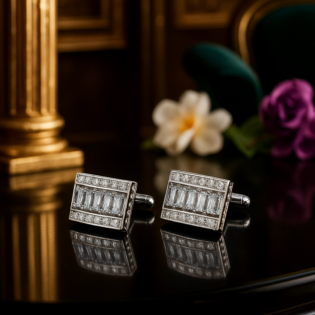 Pair of cufflinks on a reflective surface with flowers in the background