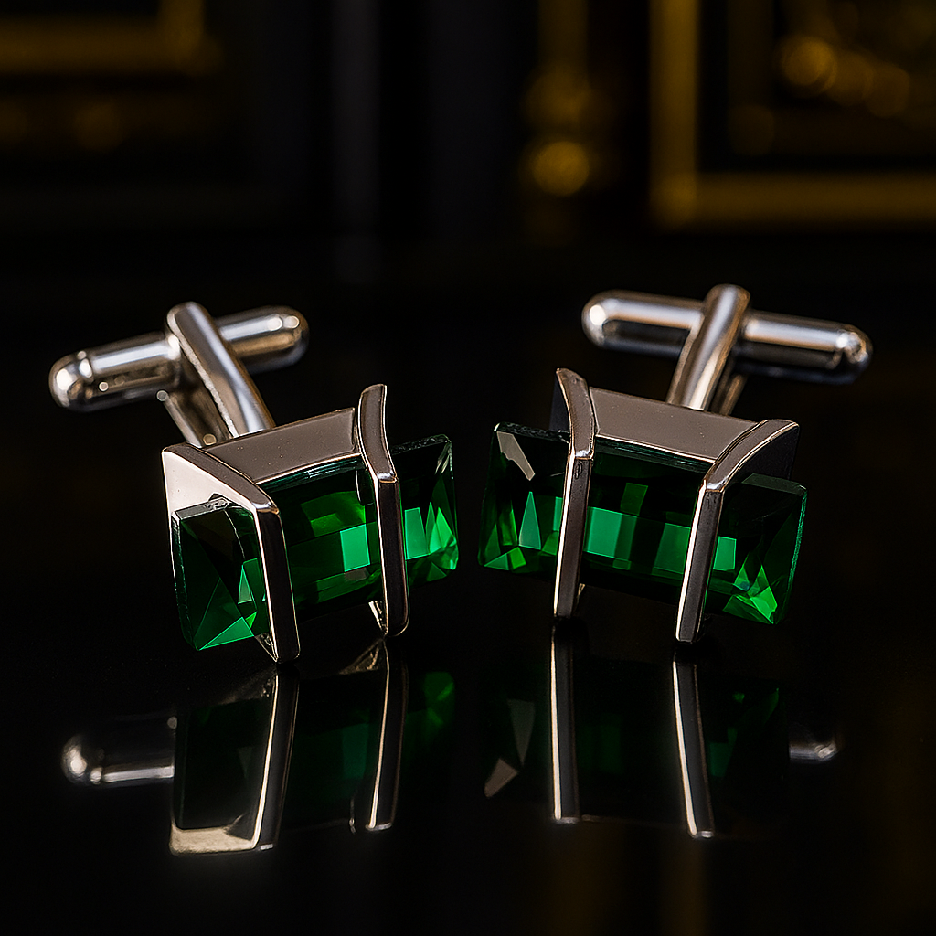 Green gemstone cufflinks with silver metal on a reflective black surface.
