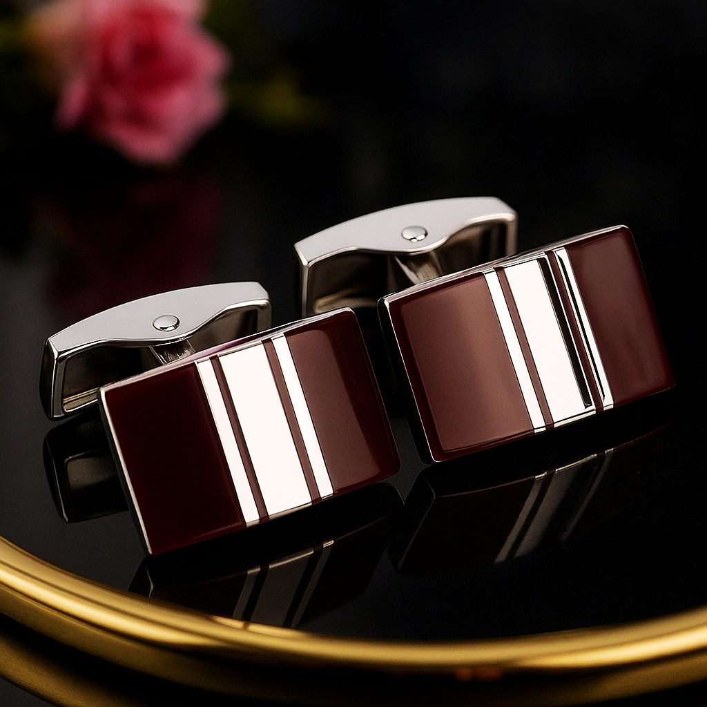 A Mahogany with Chrome Bar Rectangle Shape Cuff-links