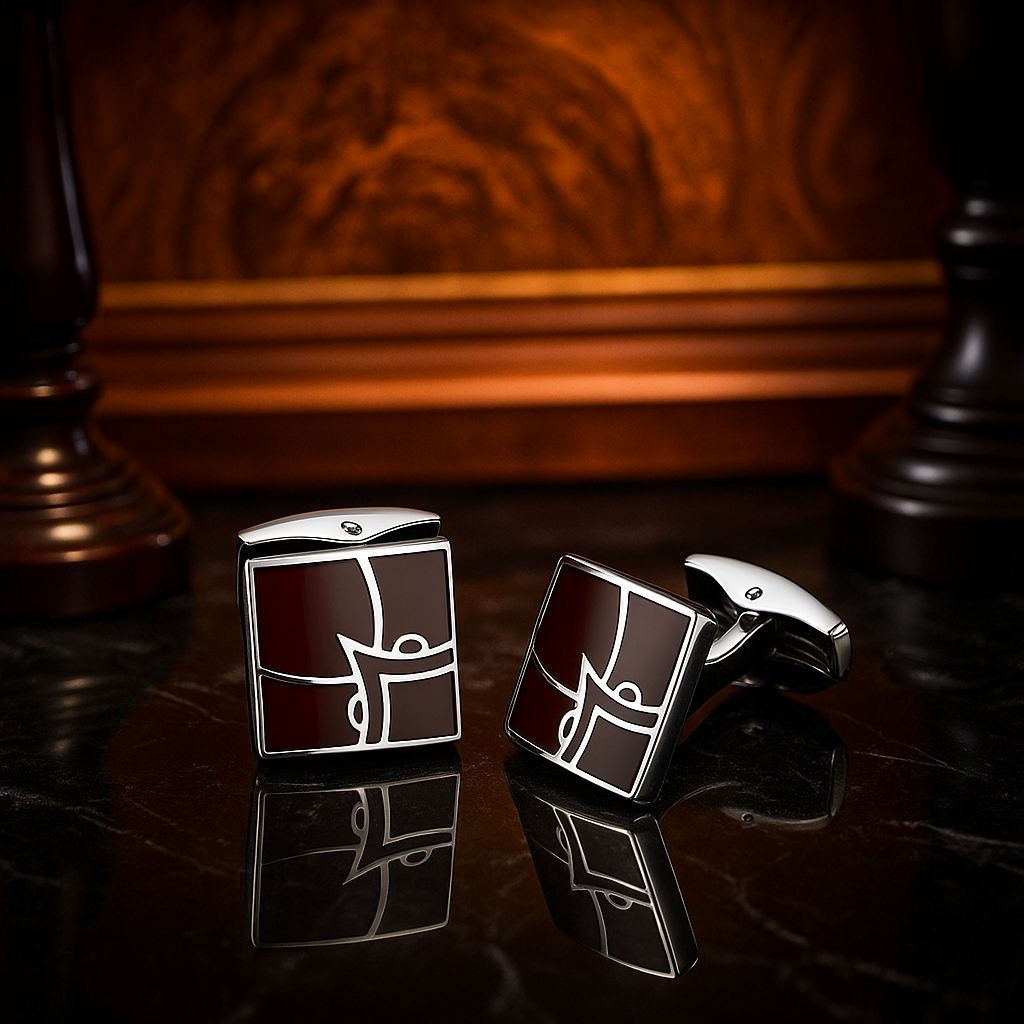 A Chrome and Mahogany Color and V Shaped Cuff-links