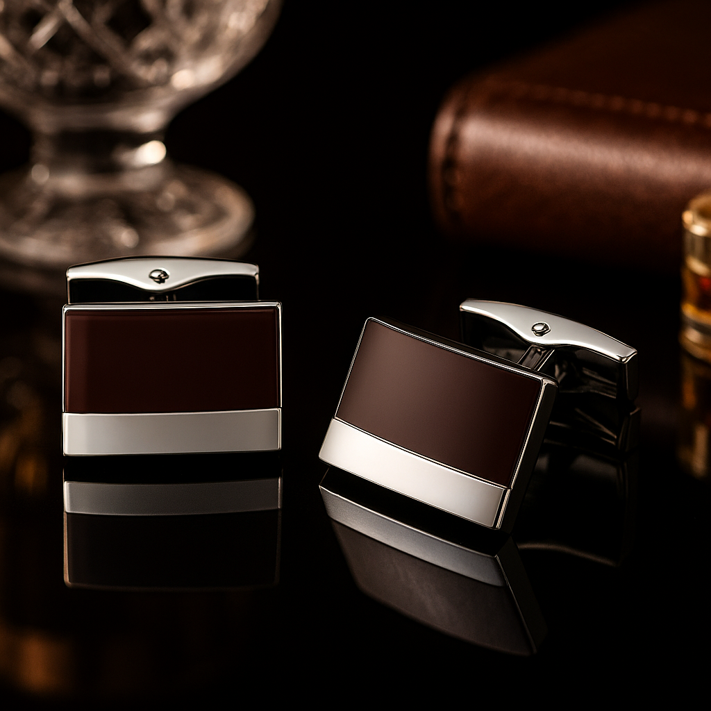 A Mahogany and Chrome Rectangle Cuff-links