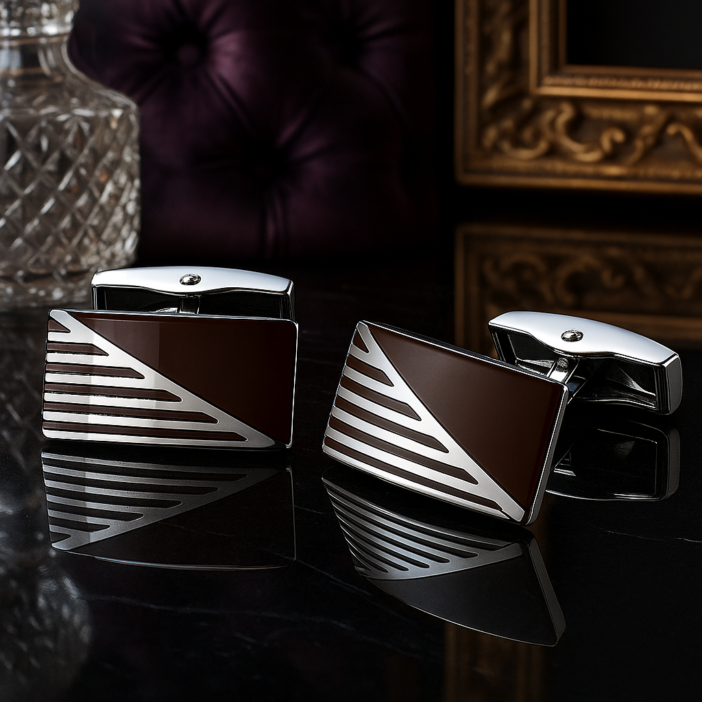 A Mahogany with Ascending Chrome Lines Cuff-links