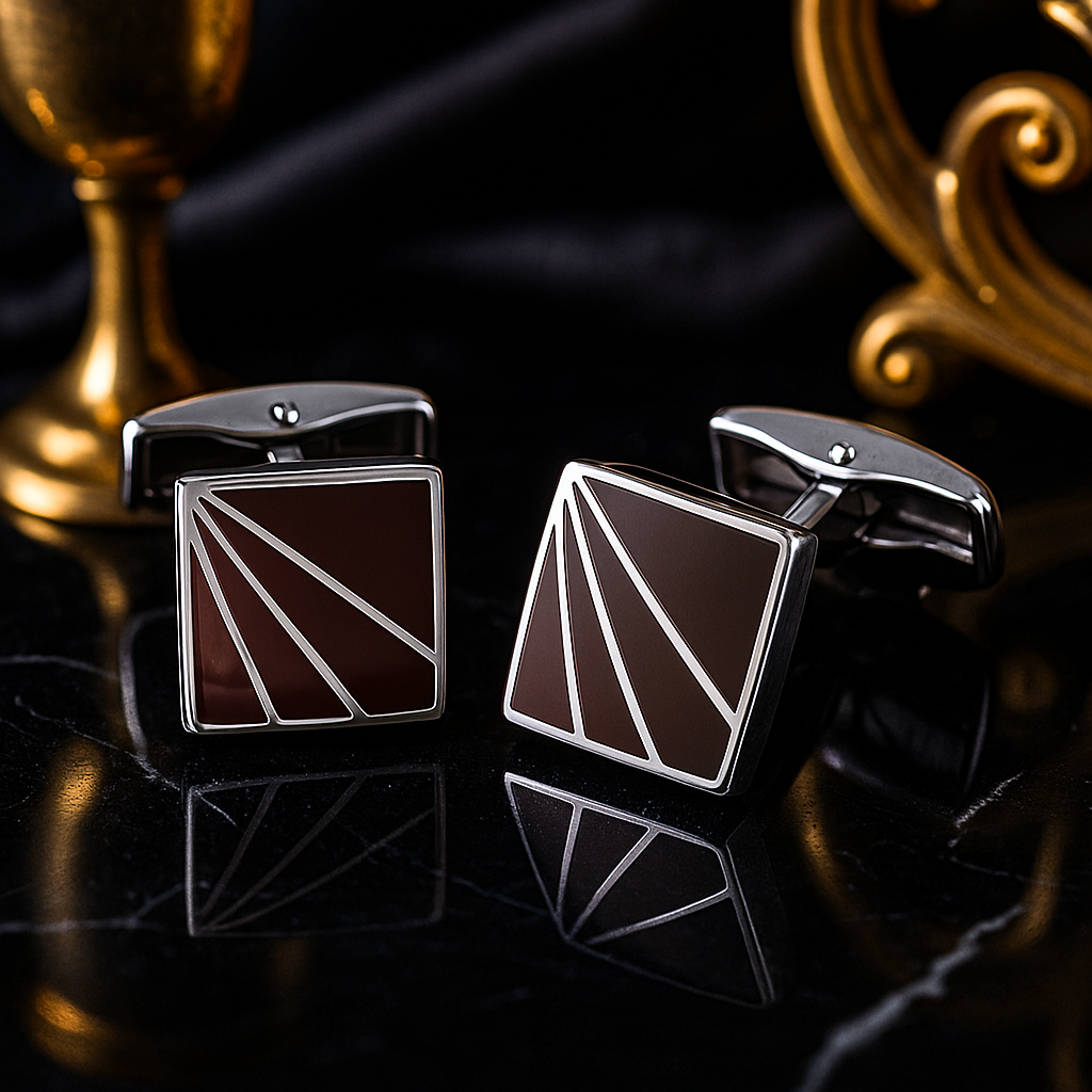 A Mahogany and Chrome Rays of Light Shaped Cuff-links