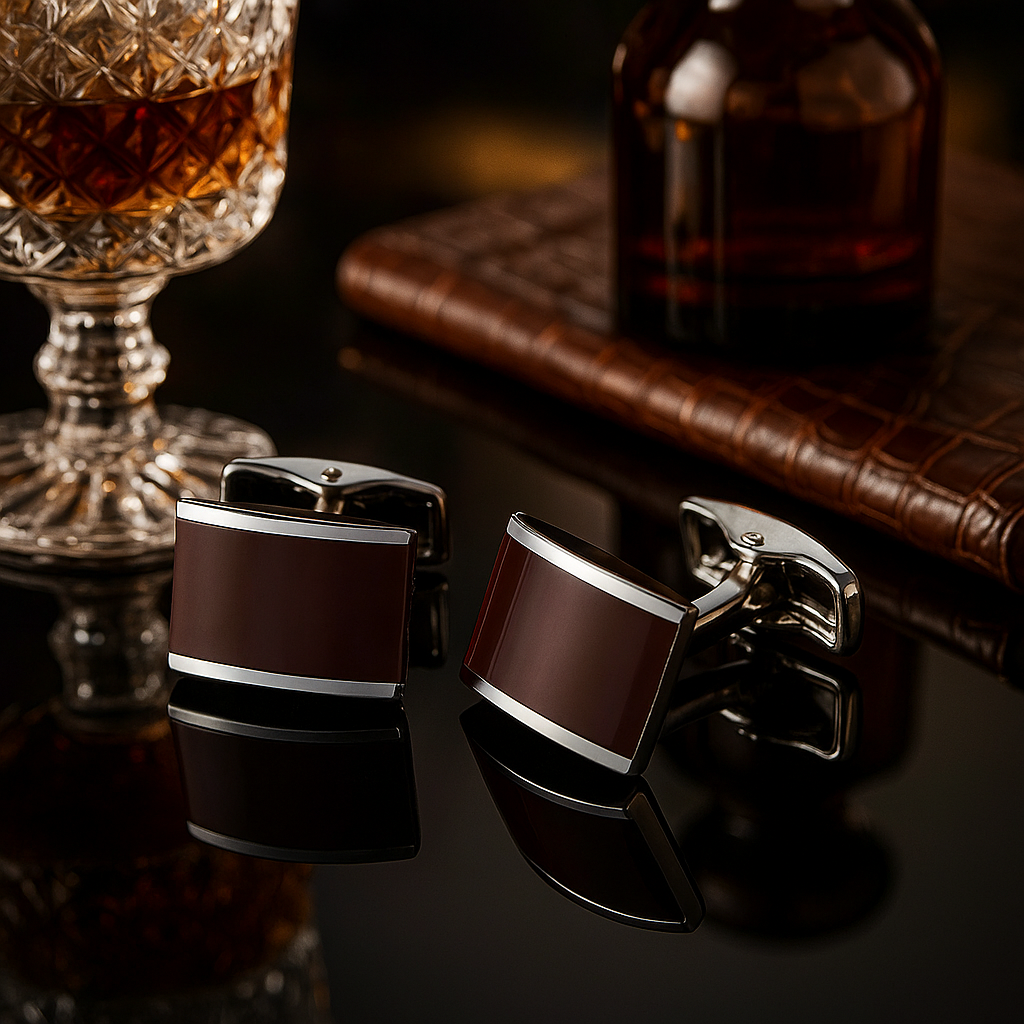 A Chrome edged with mahogany center cuff-links