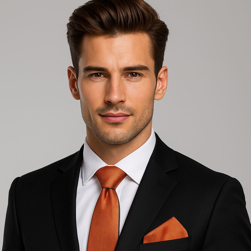 Man wearing a black suit with an orange tie and pocket square on a gray background