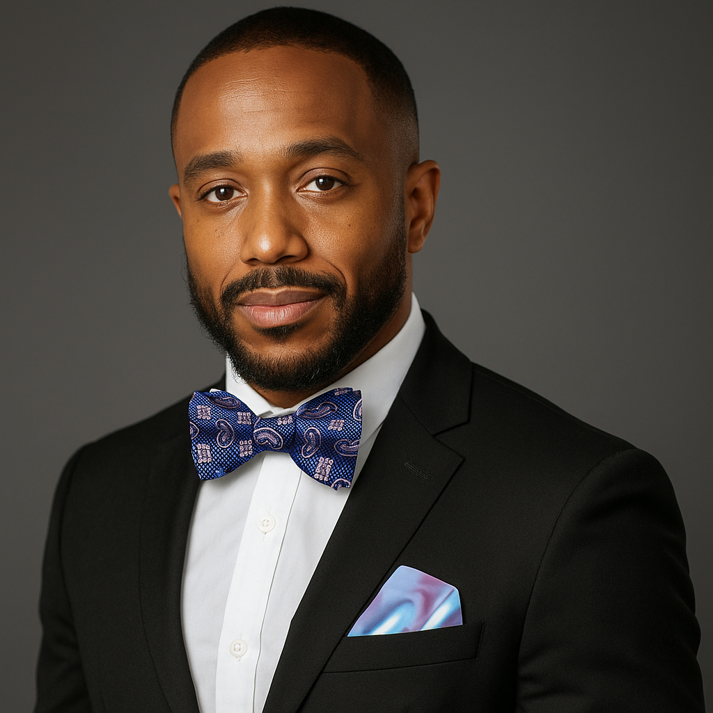 Man wearing a black suit with a blue bow tie and pocket square on a gray background