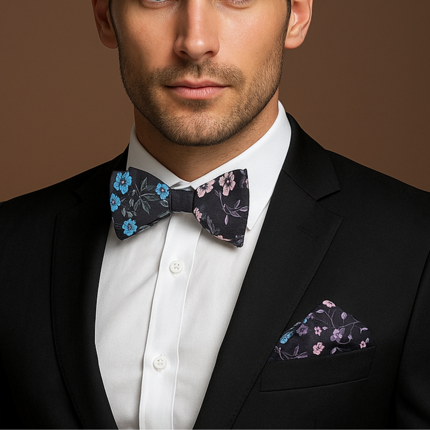 Man wearing a black suit with floral bow tie and pocket square on a brown background