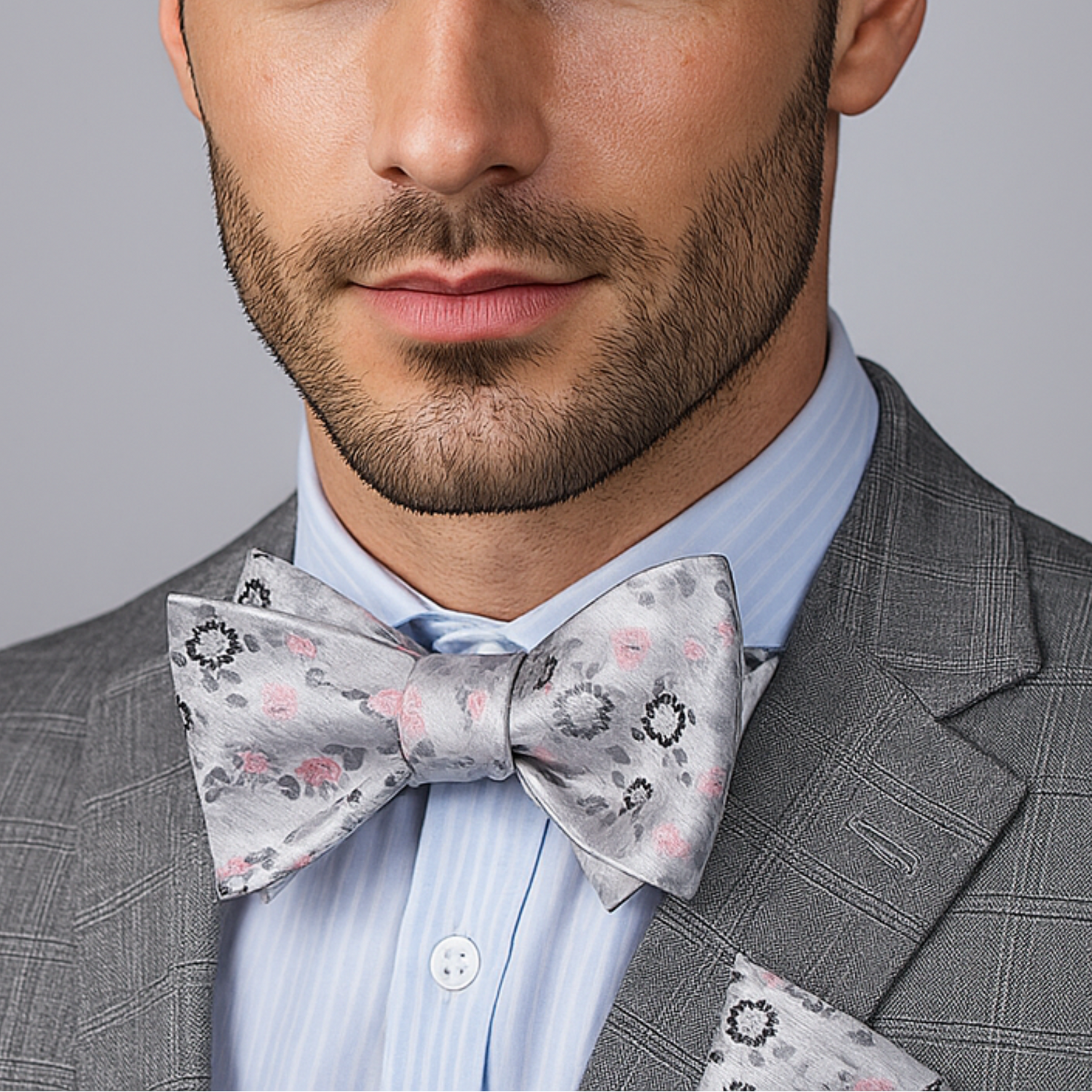 Man wearing a gray suit with a patterned bow tie and pocket square on a gray background