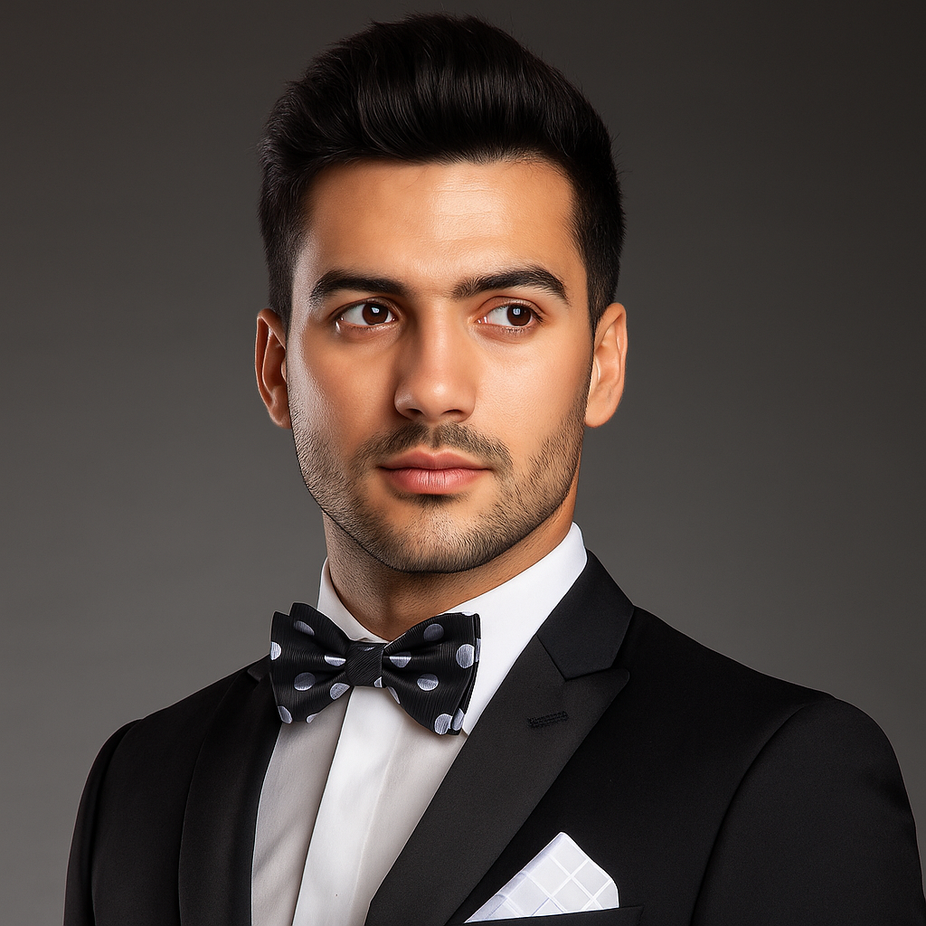 Man wearing a black tuxedo with a bow tie against a gray background