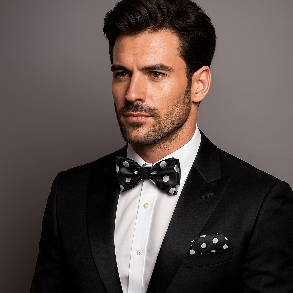 Man wearing a black tuxedo with a white shirt and polka dot bow tie and pocket square on a gray background