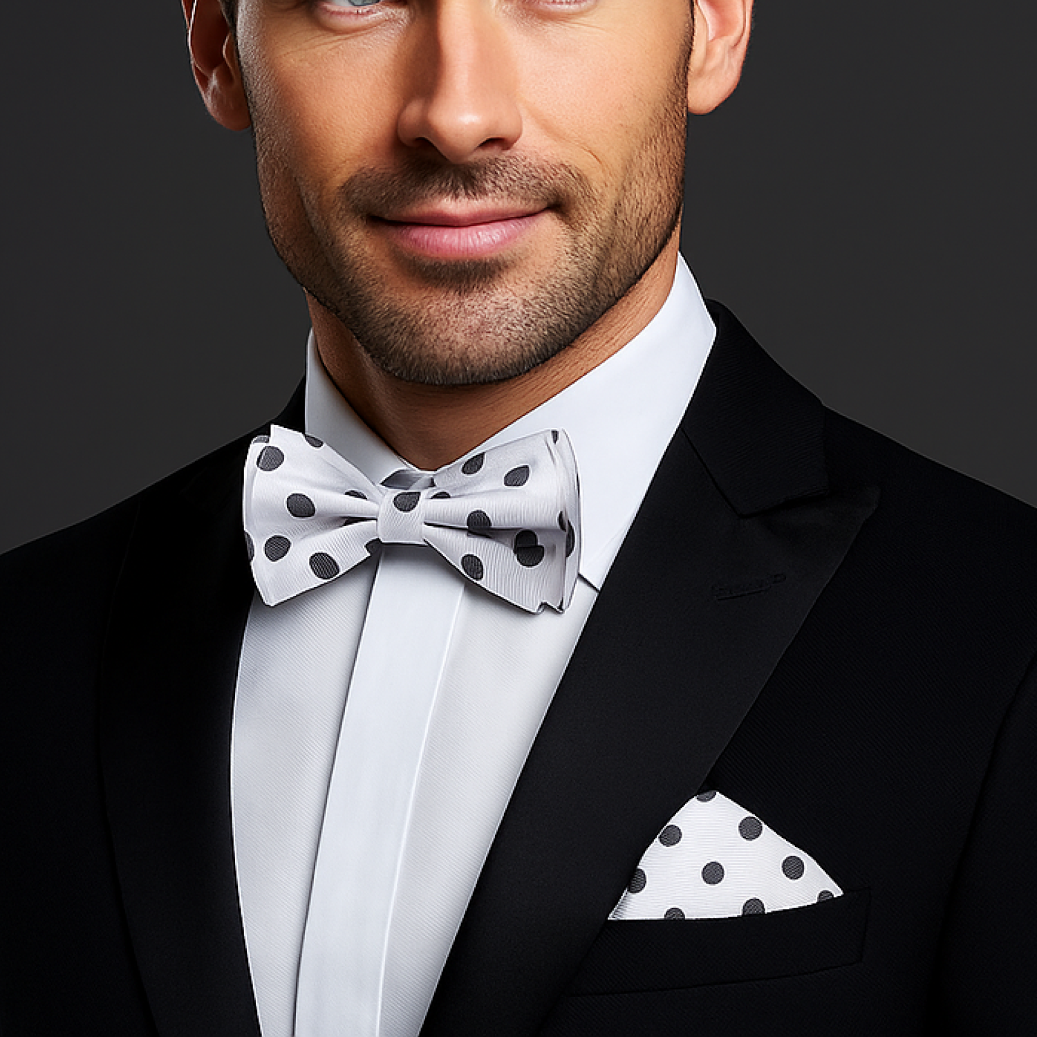 Man wearing a black tuxedo with a white shirt and polka dot bow tie and pocket square on a dark background