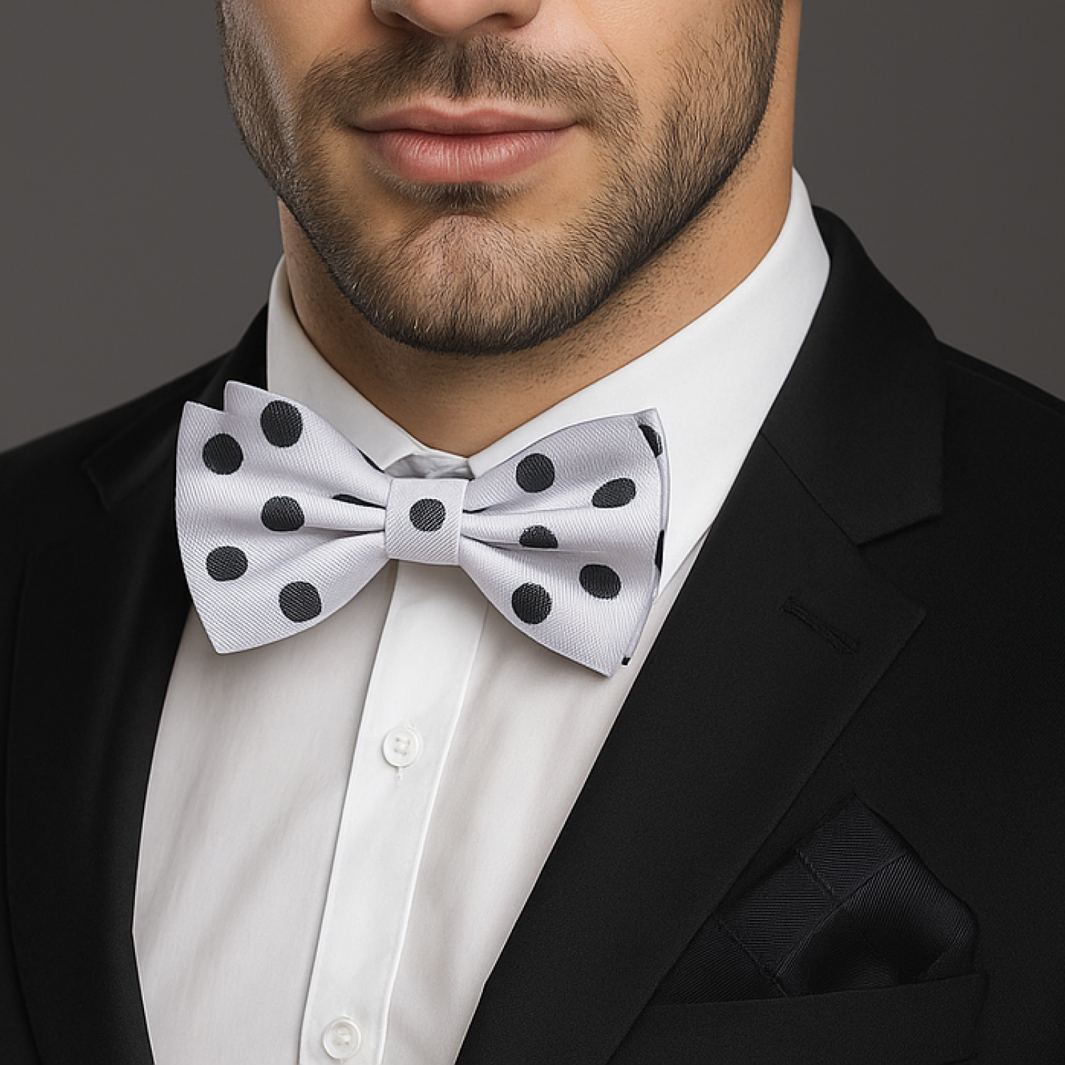 Man wearing a black suit with a white shirt and a white bow tie with black polka dots.