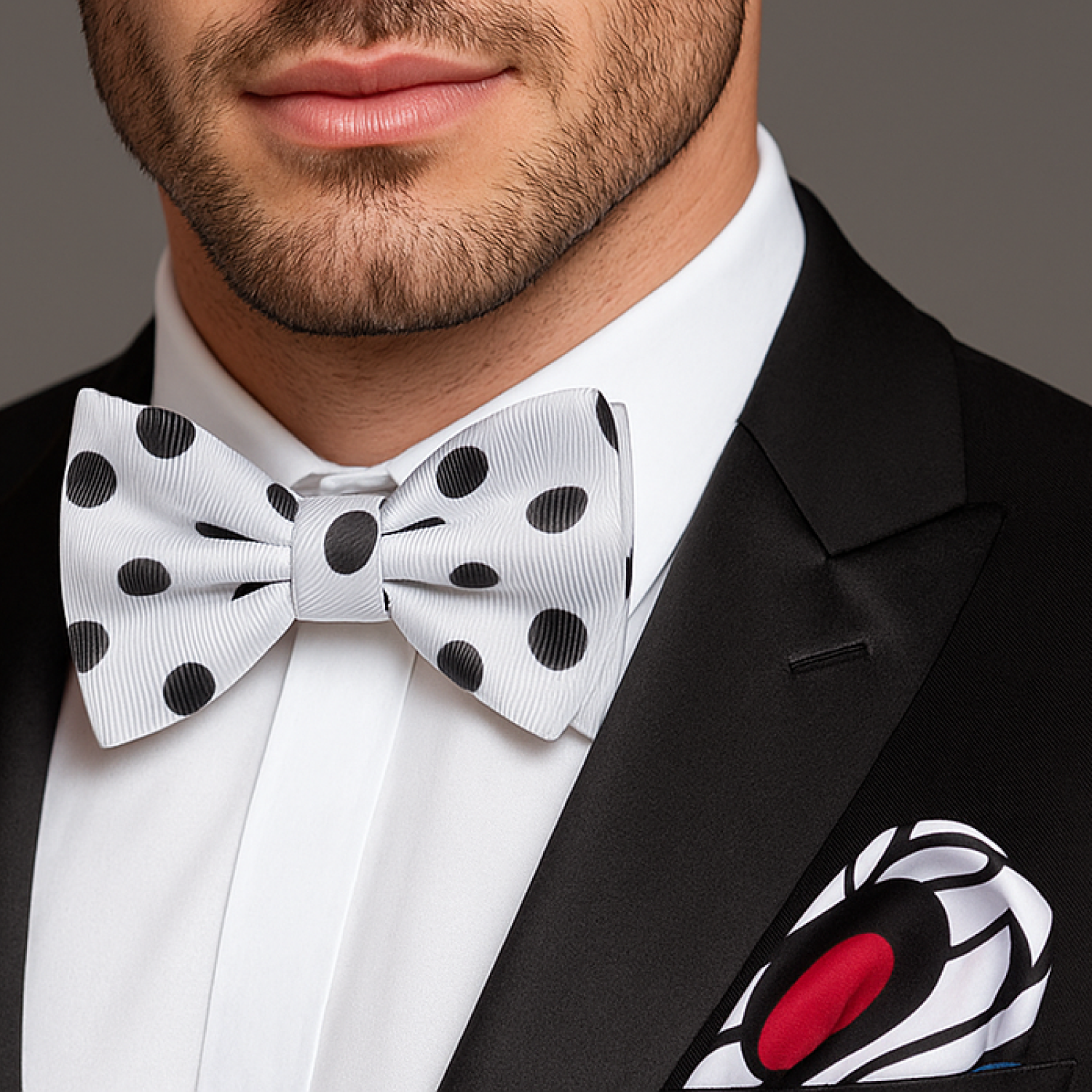 Man wearing a black tuxedo with a white bow tie featuring black polka dots.