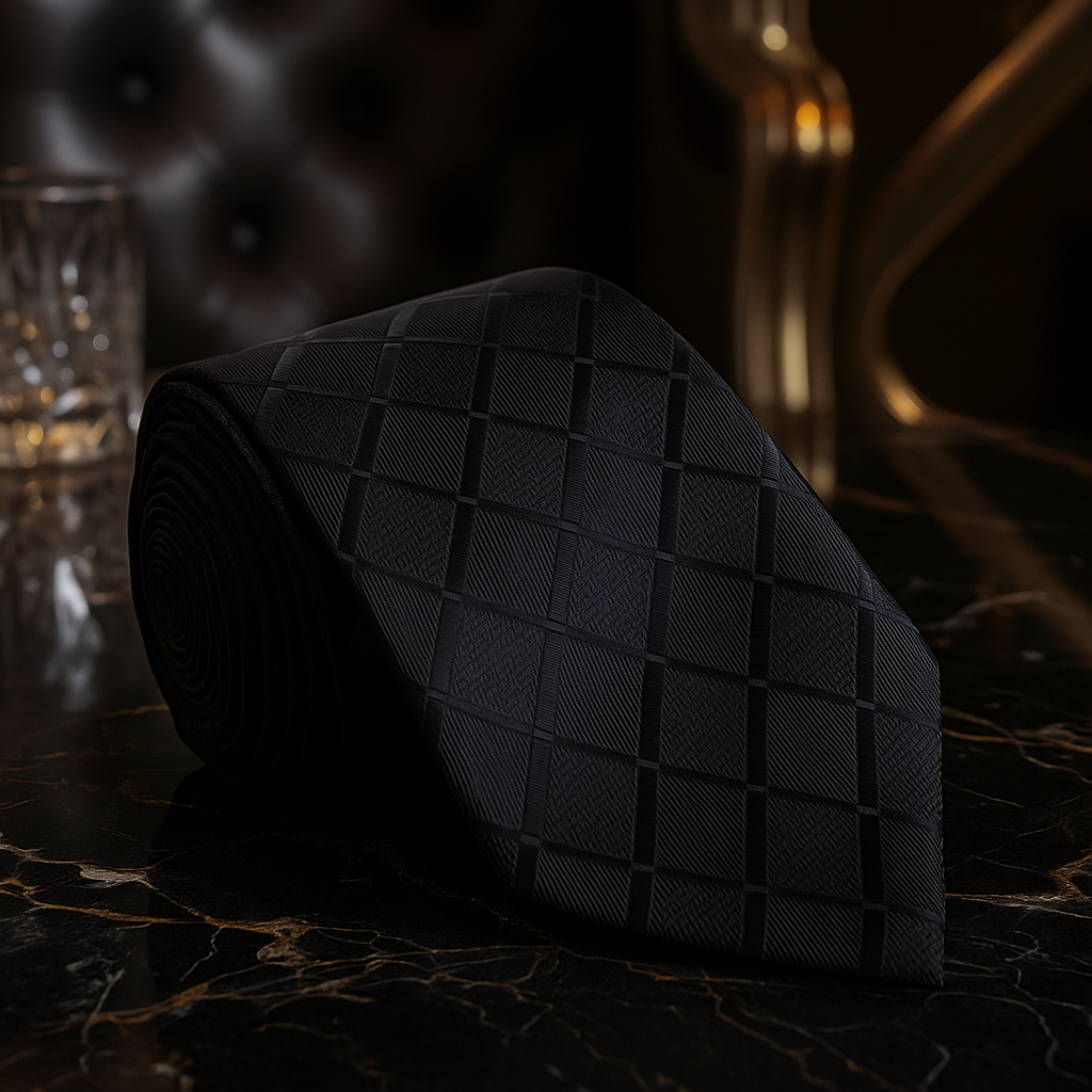 Black textured tie on a dark surface with blurred background