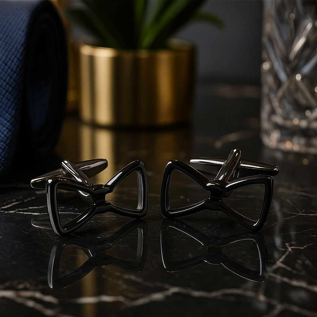 Black bow tie cufflinks on a reflective surface with a blurred background