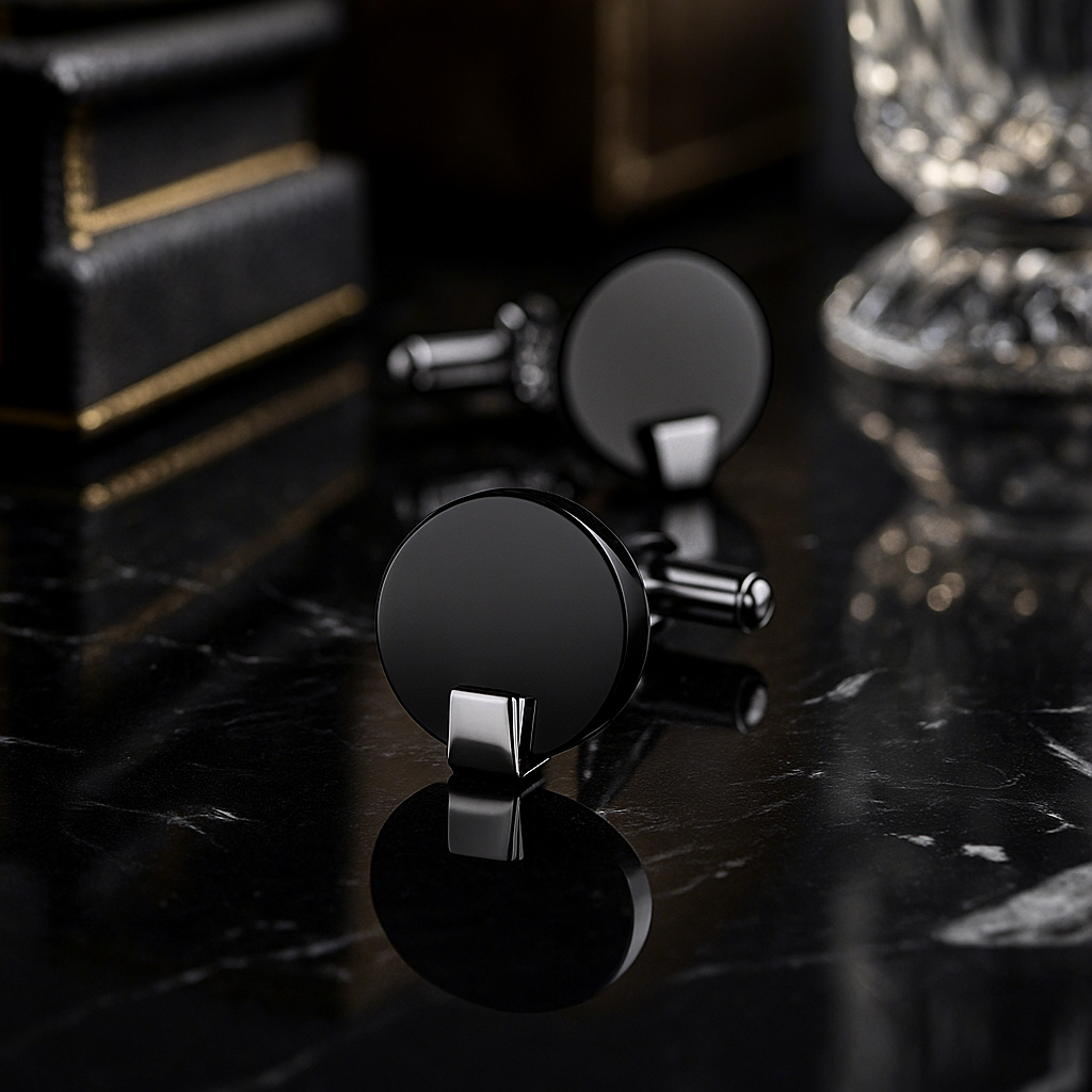 Black cufflinks on a dark surface with books and a crystal object in the background