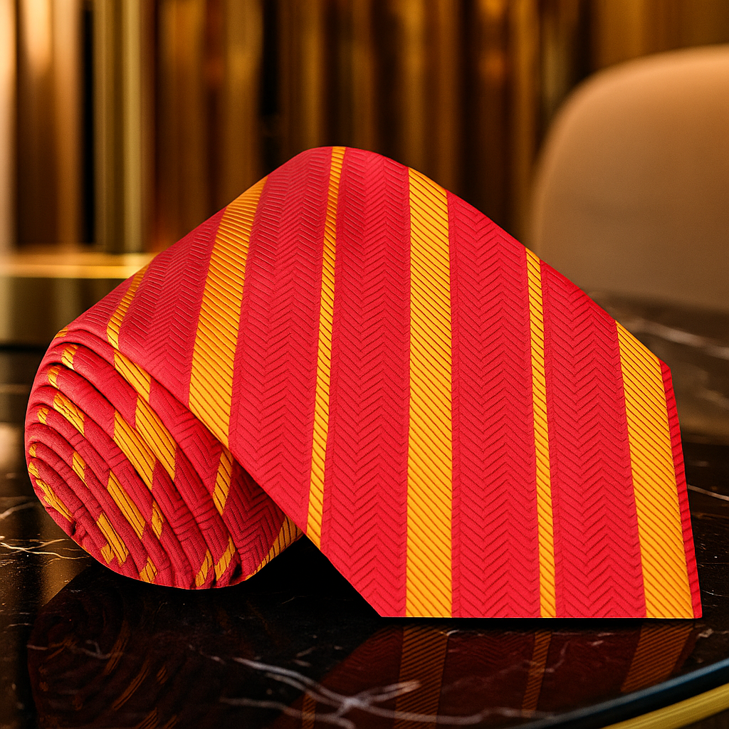 Red and yellow striped tie on a reflective surface with a blurred background