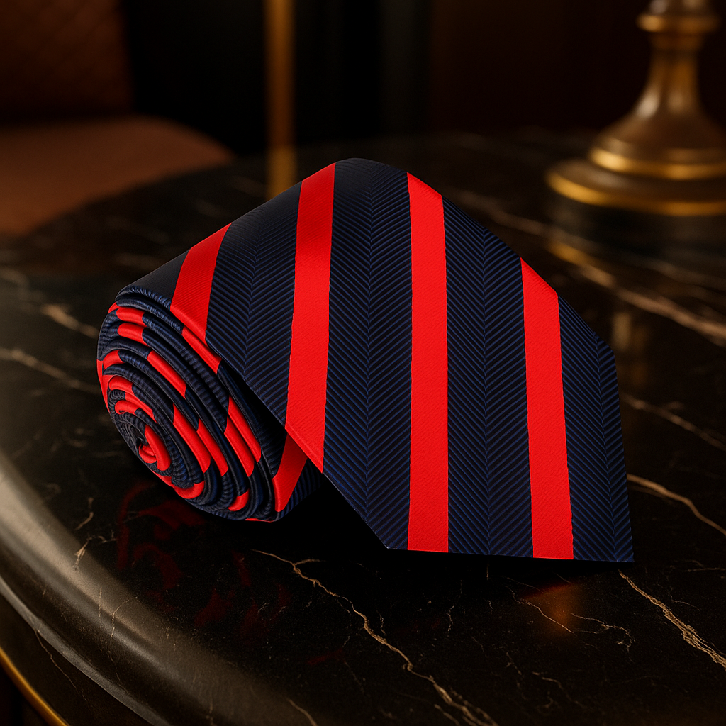Navy and red striped tie on a dark surface