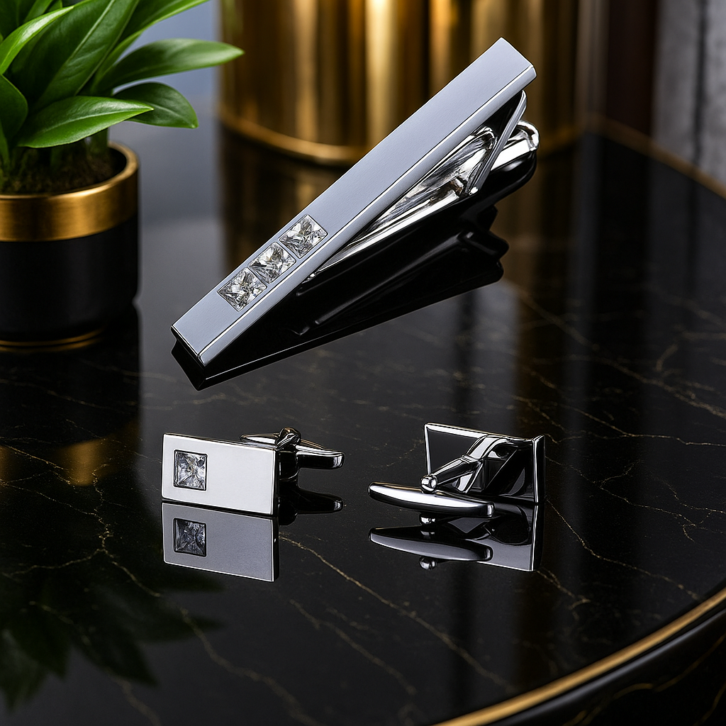 Silver tie clip and cufflinks set on a reflective surface with a plant in the background