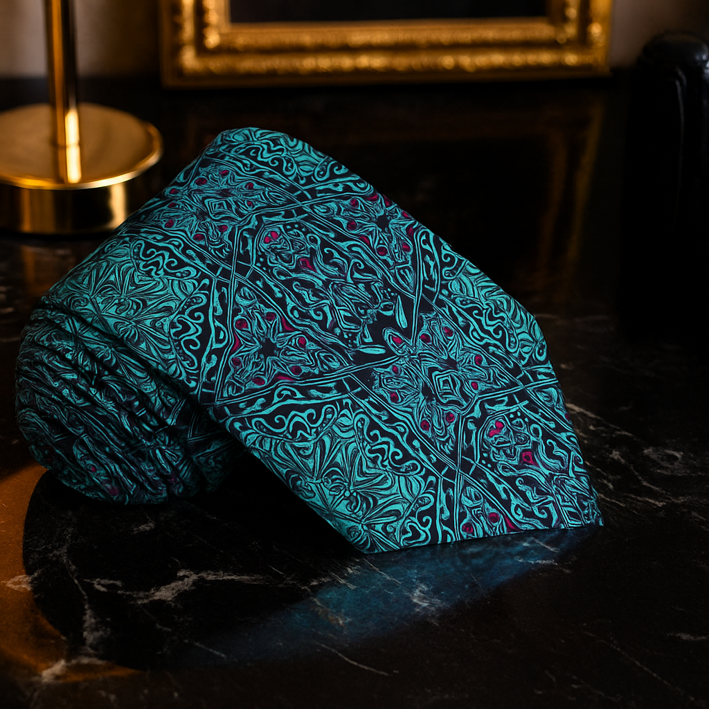 Teal patterned fabric on a dark surface with a blurred gold frame in the background
