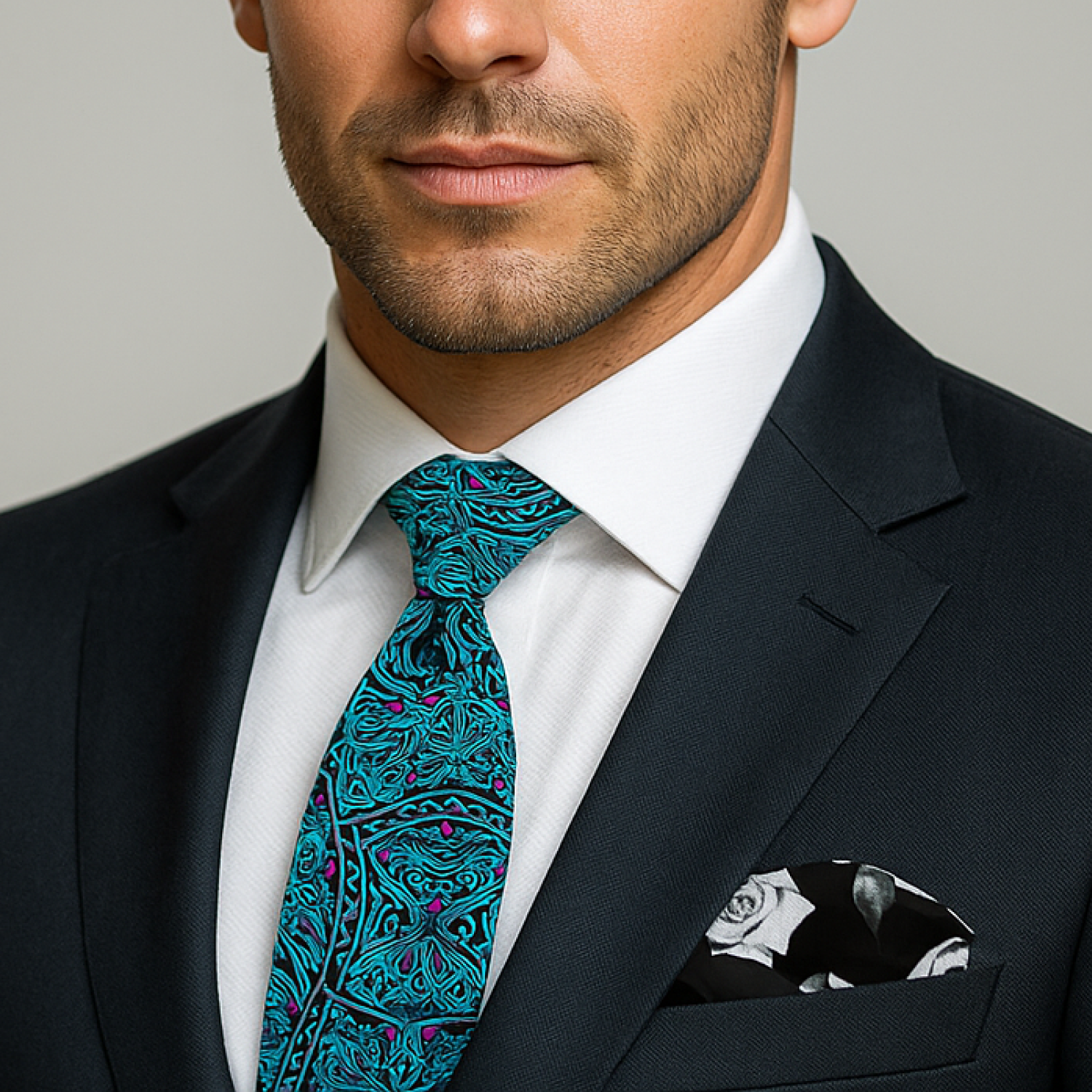 Man wearing a dark suit with a white shirt and teal patterned tie against a neutral background