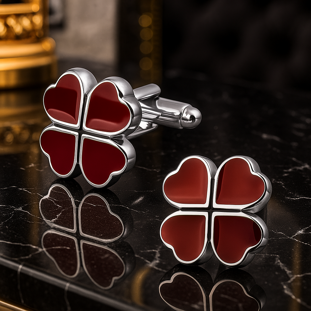Red four-leaf clover cufflinks on a reflective surface with a blurred background