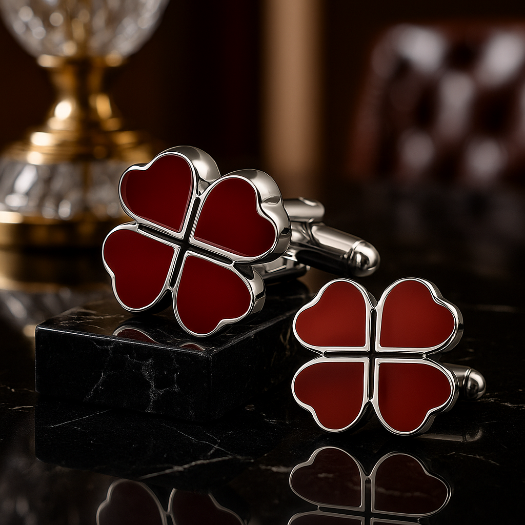Red four-leaf clover cufflinks on a dark surface with a blurred background