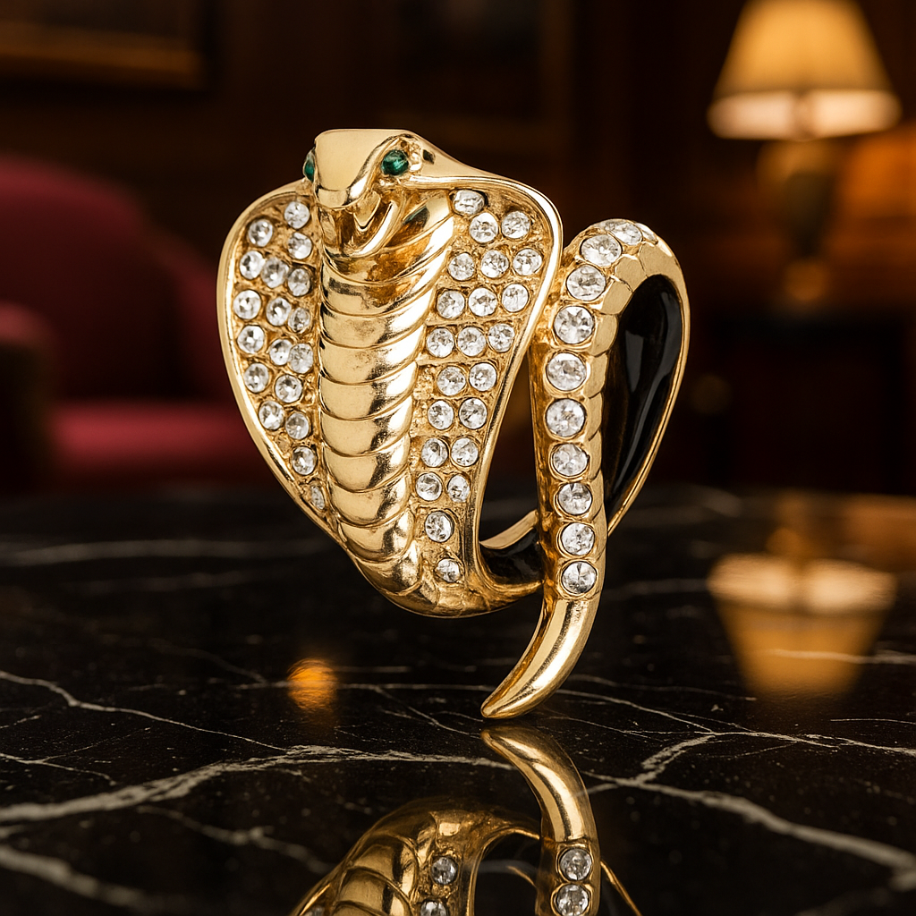 Gold snake-shaped jewelry piece with gemstones on a reflective surface